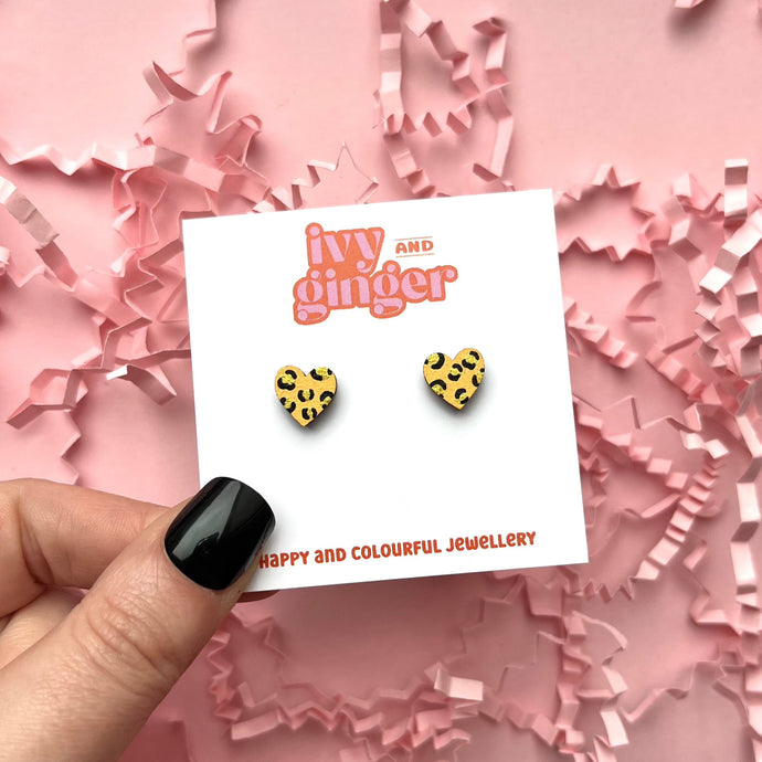 Mini leopard print heart yellow and gold stud earrings
