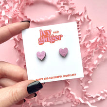Load image into Gallery viewer, Mini metallic pink heart stud earrings
