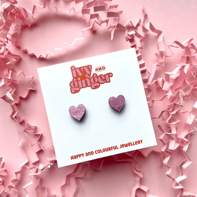 Mini metallic pink heart stud earrings