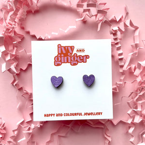 Mini metallic purple heart stud earrings