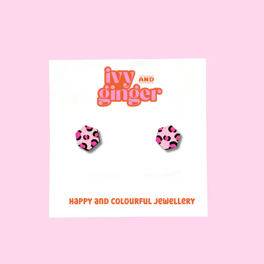 Mini light pink and neon pink hexagon leopard print stud earrings