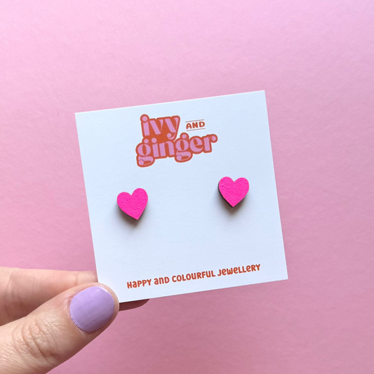 Mini neon pink heart stud earrings