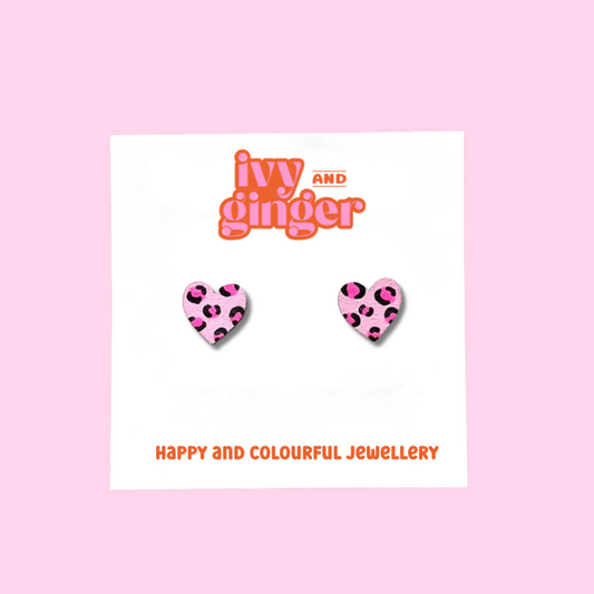 Mini neon pink leopard print heart stud earrings