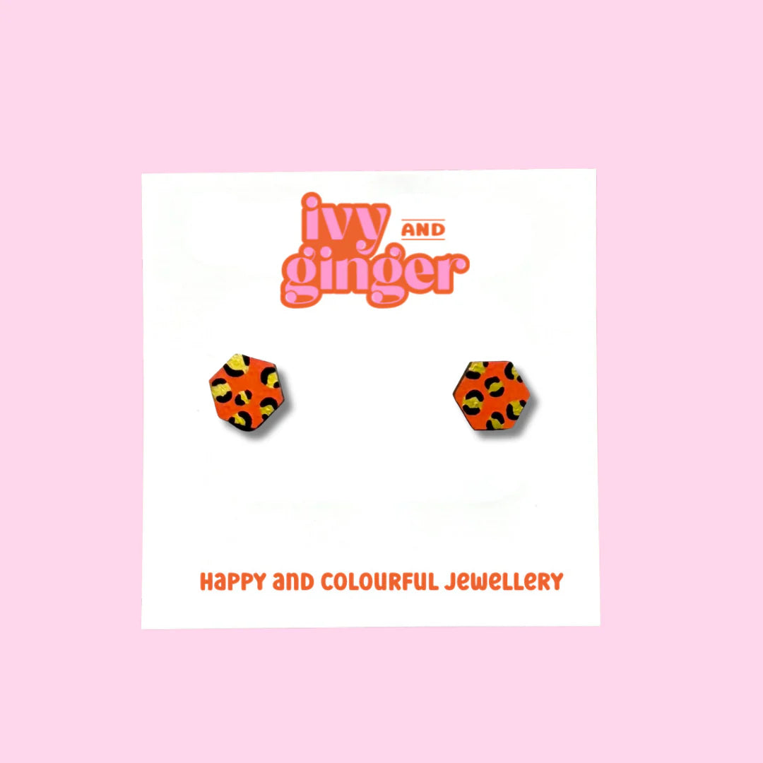 Mini orange and gold hexagon leopard print stud earrings