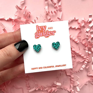 Mini teal and black leopard print heart stud earrings