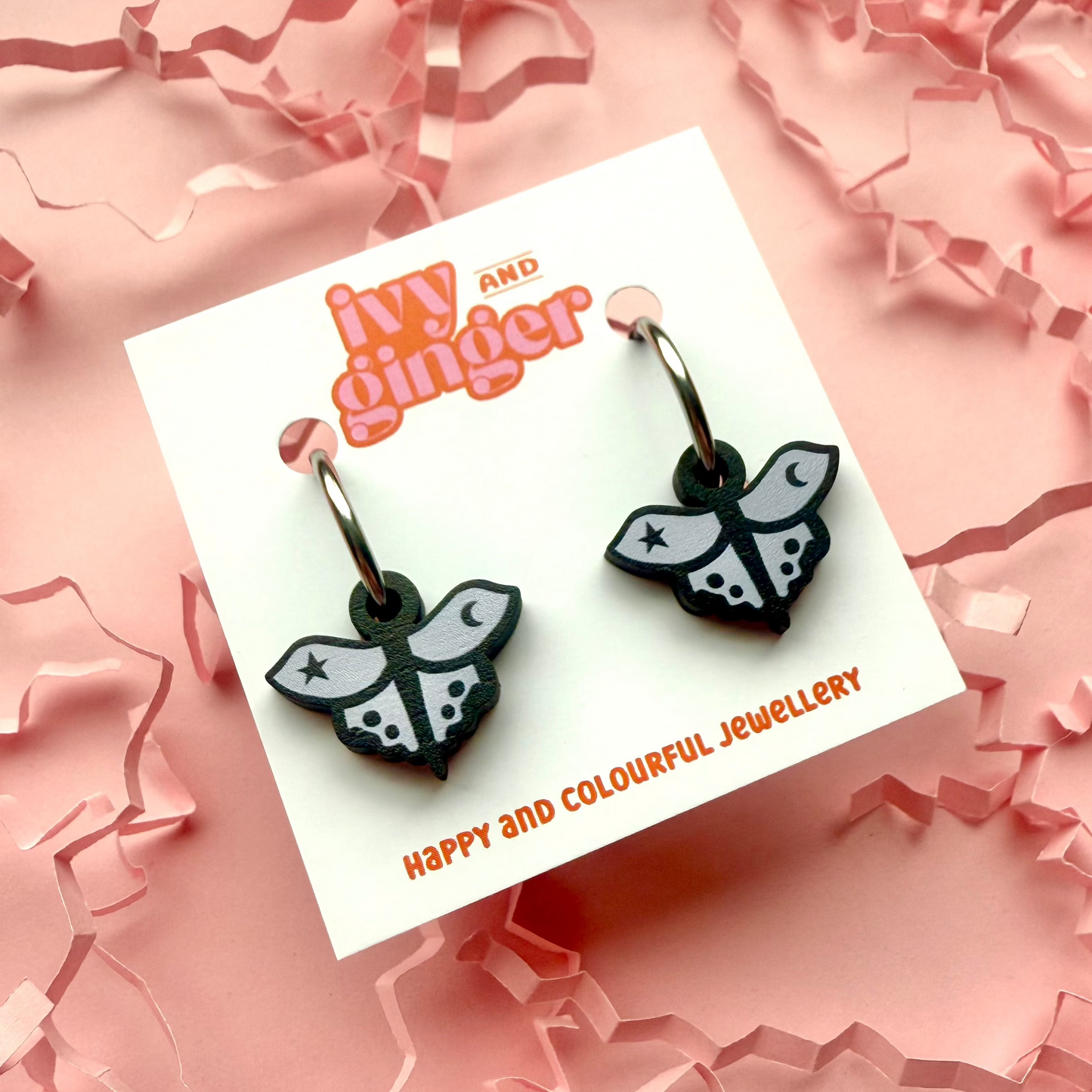 Moth drop dangle hoop earrings