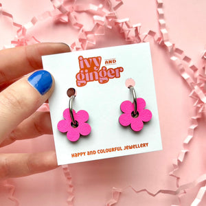 neon pink flower hoop earrings