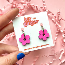 Load image into Gallery viewer, neon pink flower hoop earrings
