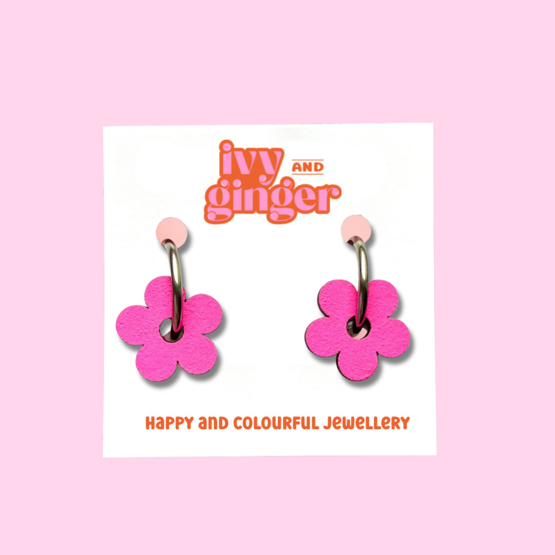 Neon pink flower hoop earrings