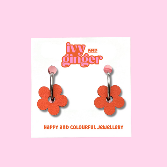 Orange flower hoop earrings