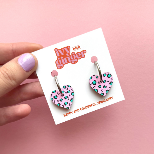Pink and teal leopard print small heart hoop earrings