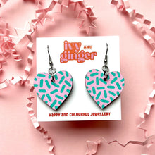 Load image into Gallery viewer, Pink and mint dash drop heart earrings
