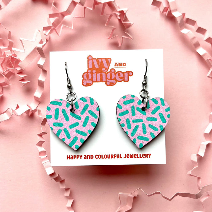 Pink and mint dash drop heart earrings