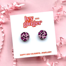 Load image into Gallery viewer, Pink and purple midi leopard print circle studs
