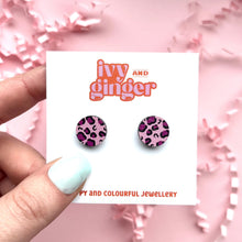 Load image into Gallery viewer, Pink and purple midi leopard print circle studs

