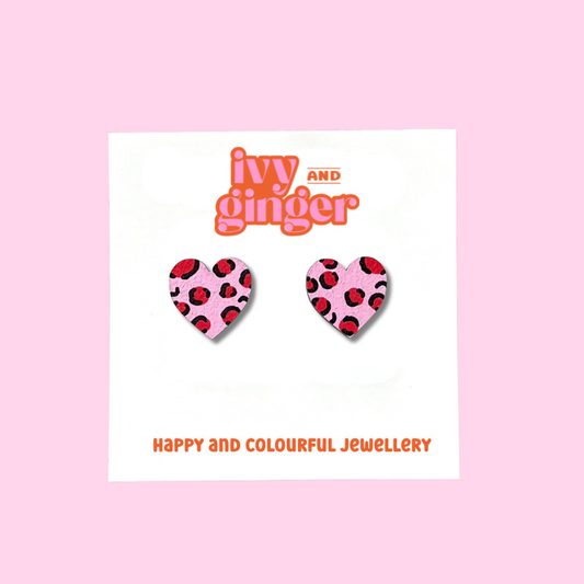 Pink and red leopard print midi heart stud earrings