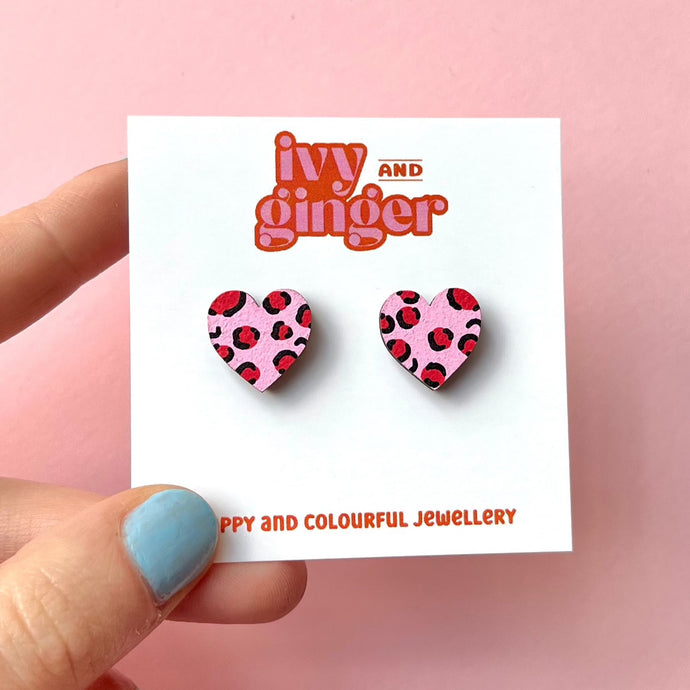 Pink and red leopard print midi heart stud earrings