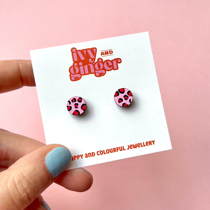Pink and red leopard print mini circle stud earrings