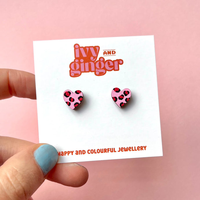 Pink and red leopard print mini heart stud earrings