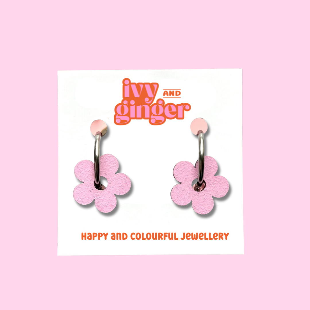 Pink flower hoop earrings