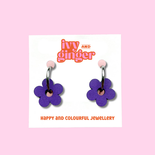 Purple flower hoop earrings