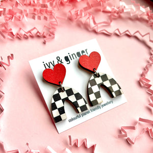 red heart and checkered arch drop dangles