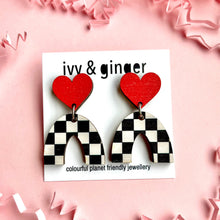 Load image into Gallery viewer, red heart and checkered arch drop dangles
