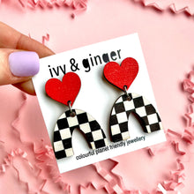 Load image into Gallery viewer, red heart and checkered arch drop dangles
