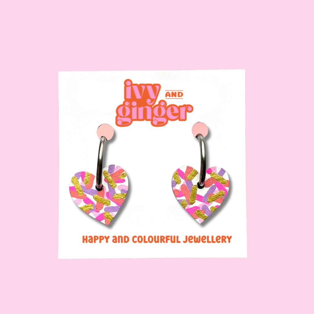 Small pink confetti heart hoop earrings