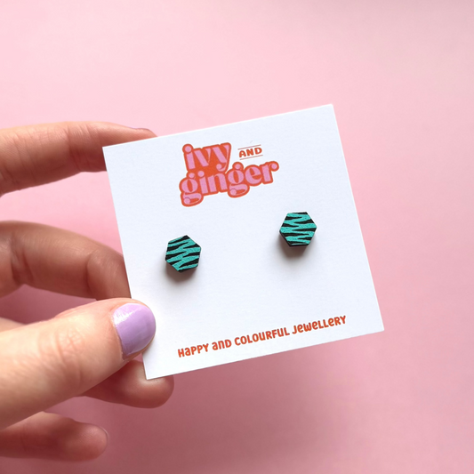 Teal and black zebra print hexagon stud earrings