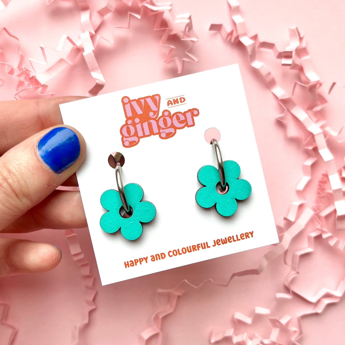 Teal flower hoop earrings