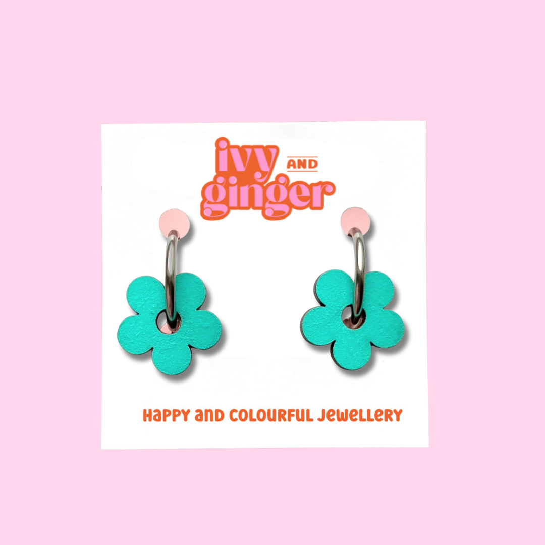 Teal flower hoop earrings