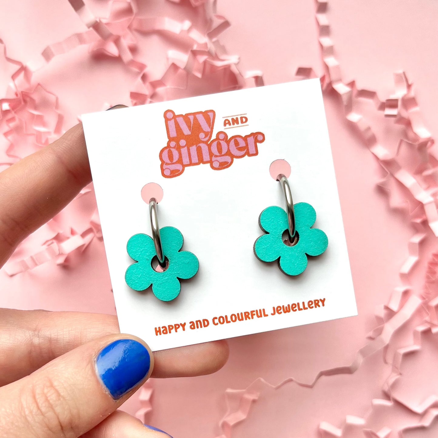 Teal flower hoop earrings