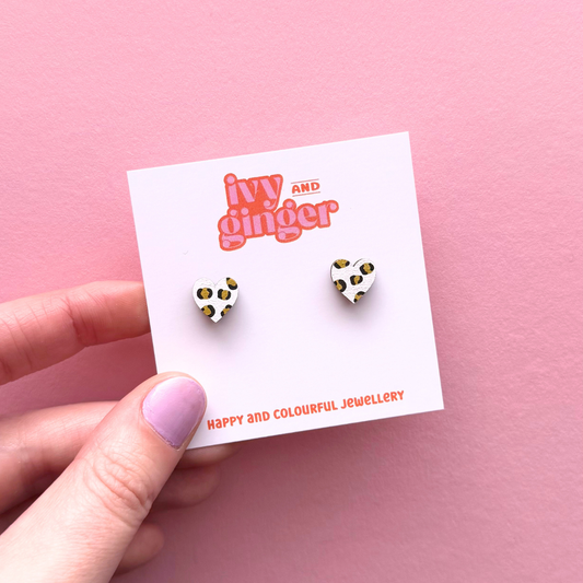 Mini white and gold heart leopard print stud earrings