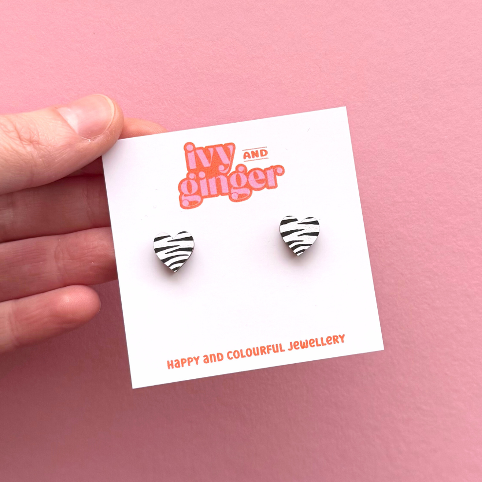 Mini zebra print heart stud earrings