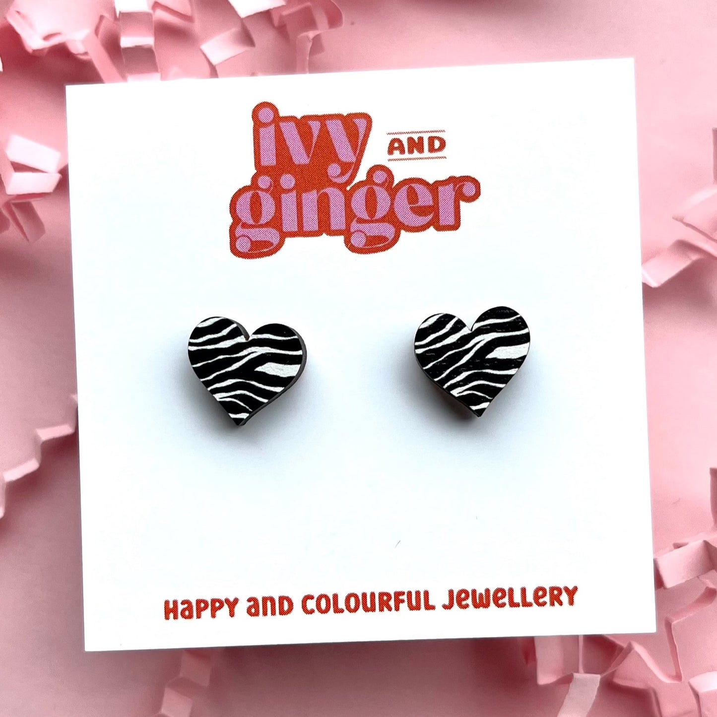 Zebra print heart stud earrings