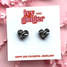 Load image into Gallery viewer, zebra print heart studs
