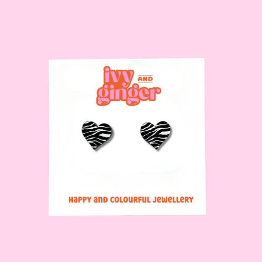 Zebra print heart stud earrings