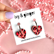 Load image into Gallery viewer, deep pink and red leopard print small heart hoop
