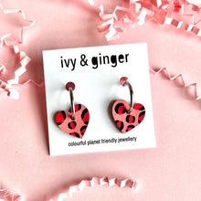 Load image into Gallery viewer, deep pink and red leopard print heart hoops

