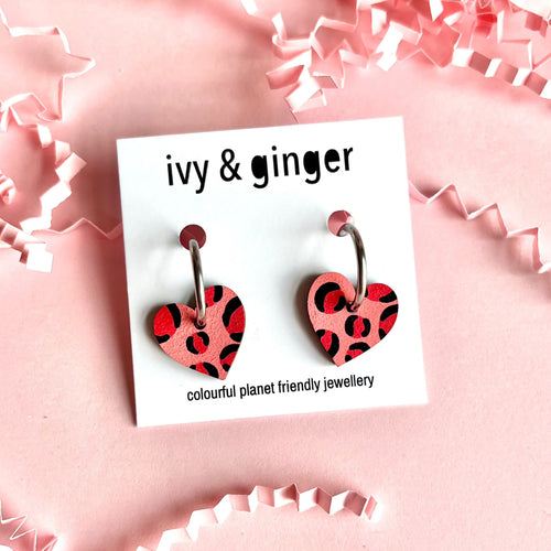 deep pink and red leopard print heart hoops