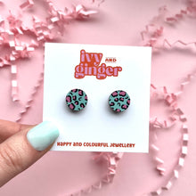 Load image into Gallery viewer, Green and pink midi leopard print circle studs
