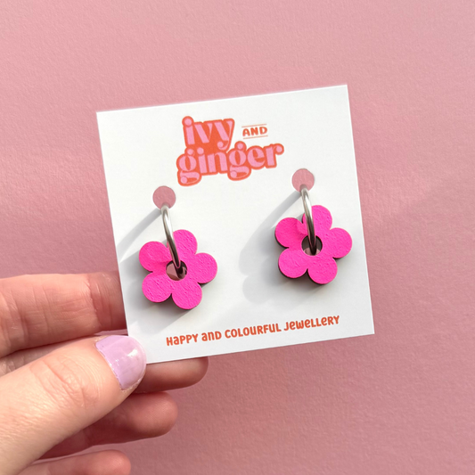 Neon pink flower hoop earrings
