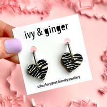 Load image into Gallery viewer, small zebra print heart hoops
