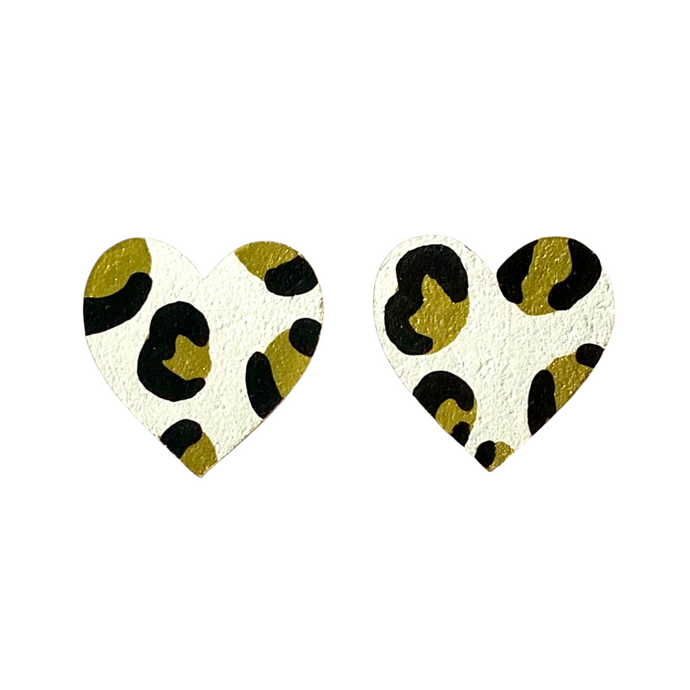 large gold and black leopard print heart studs