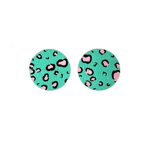 large green and pink leopard print circle studs