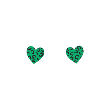 Load image into Gallery viewer, Mini green and black leopard print heart stud earrings
