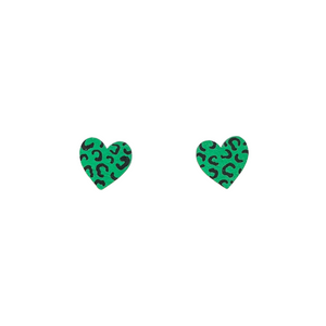 Mini green and black leopard print heart stud earrings
