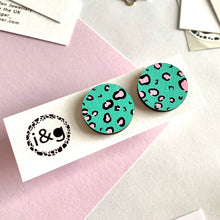 Load image into Gallery viewer, large green and pink leopard print circle studs

