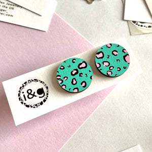large green and pink leopard print circle studs